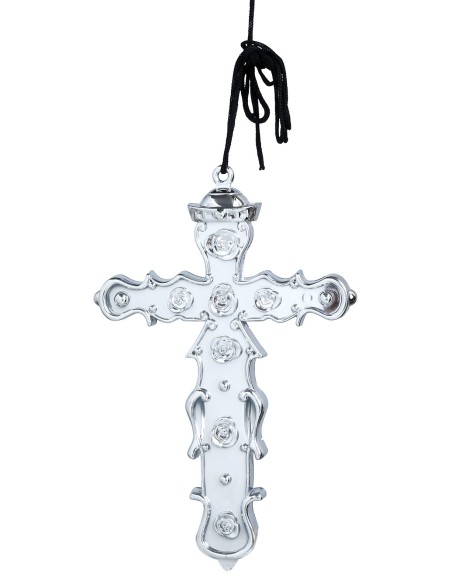 Uomo con croce argento 15 cm in PVC e costume da prete nero con colletto bianco per teatro