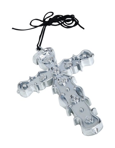 Uomo con croce argento 15 cm in PVC e costume da prete nero con colletto bianco per teatro