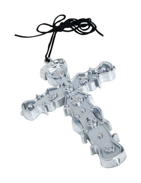 Uomo con croce argento 15 cm in PVC e costume da prete nero con colletto bianco per teatro