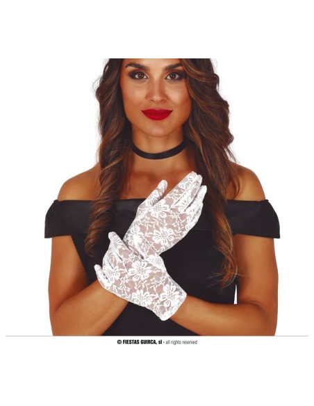 Guanti bianchi in pizzo da 22 cm indossati da donna per costume elegante vintage