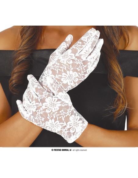 Guanti bianchi in pizzo da 22 cm indossati da donna per costume elegante vintage