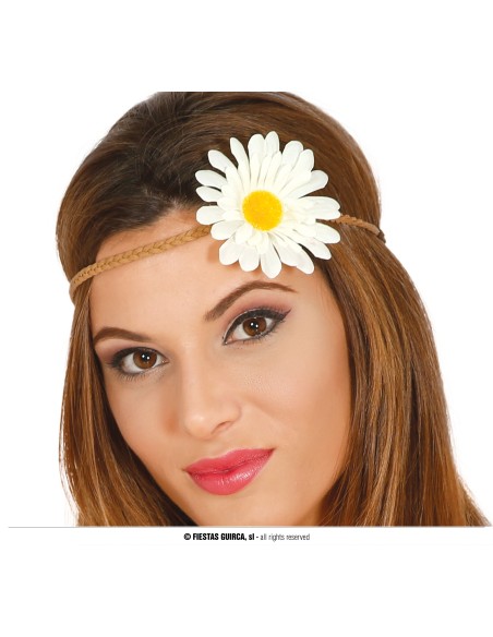 Fascia hippie con margherita bianca e gialla per costume anni 70 donna