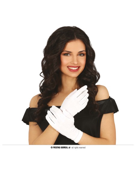 Guanti bianchi eleganti lunghi 20 cm indossati da donna per costumi e feste a tema