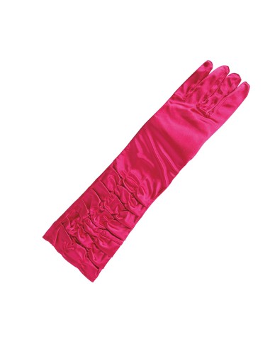 Guanti rugosi fucsia lunghi 40 cm indossati con vestito nero per travestimenti e feste a tema