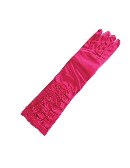 Guanti rugosi fucsia lunghi 40 cm indossati con vestito nero per travestimenti e feste a tema
