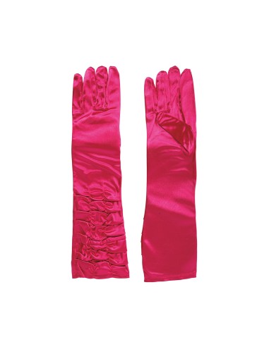 Guanti rugosi fucsia lunghi 40 cm indossati con vestito nero per travestimenti e feste a tema