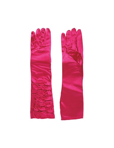 Guanti rugosi fucsia lunghi 40 cm indossati con vestito nero per travestimenti e feste a tema