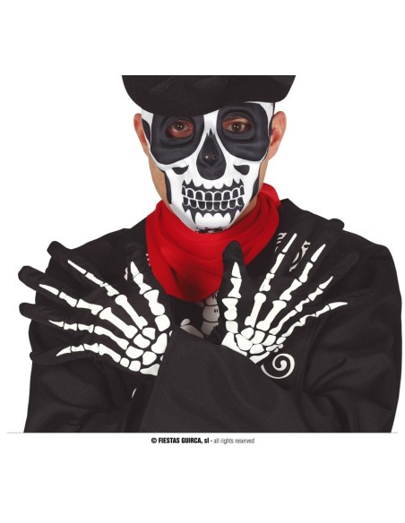 Guanti scheletro neri con stampa ossa bianche per costume Halloween horror 25 cm lunghezza