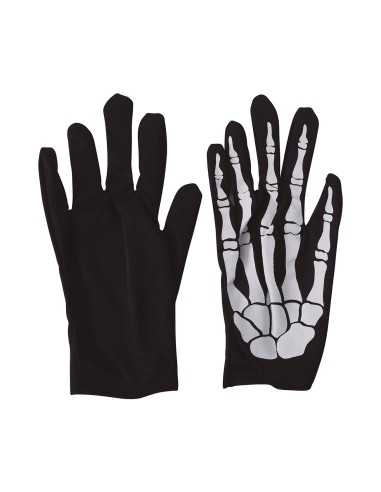 Guanti scheletro neri con stampa ossa bianche per costume Halloween horror 25 cm lunghezza