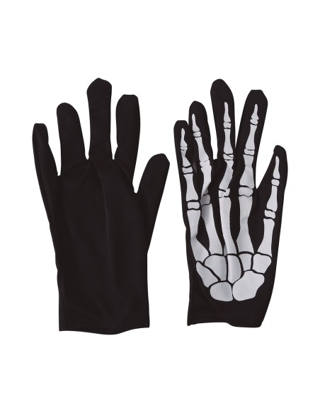 Guanti scheletro neri con stampa ossa bianche per costume Halloween horror 25 cm lunghezza