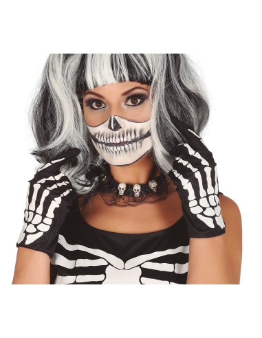 Guanti scheletro neri con stampa ossa bianche per costume Halloween horror 25 cm lunghezza