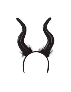 Diadema strega con corna nere ricurve indossato da donna per costume Halloween 2