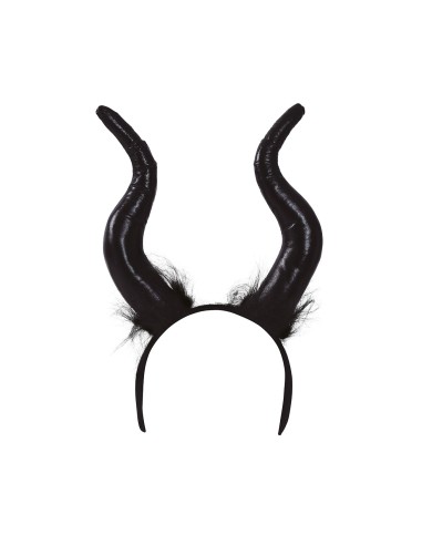 Diadema strega con corna nere ricurve indossato da donna per costume Halloween
