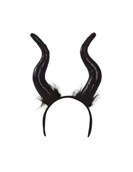 Diadema strega con corna nere ricurve indossato da donna per costume Halloween