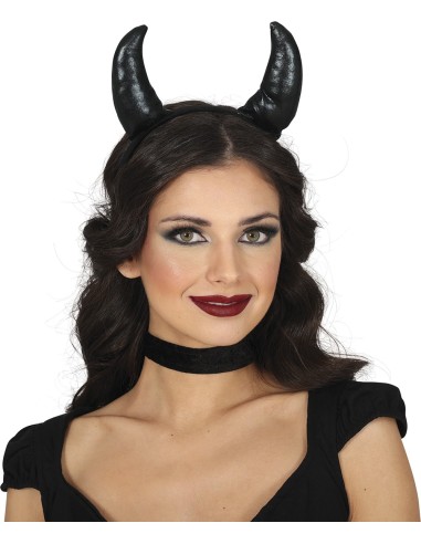 Cerchietto con corna nere da demone accessorio Halloween costume diabolico