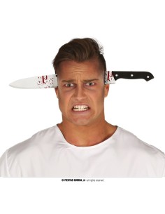 Cerchietto Halloween con coltello insanguinato che attraversa la testa per costume horror spaventoso