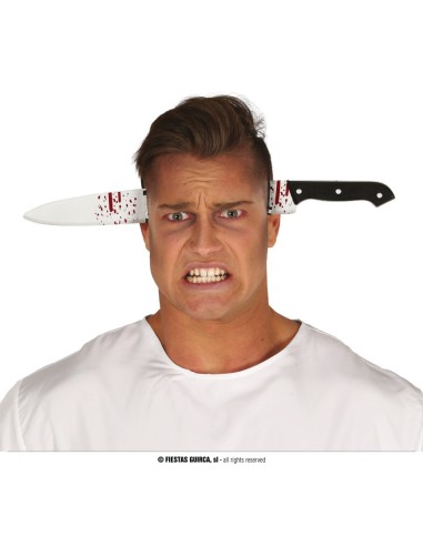Cerchietto Halloween con coltello insanguinato che attraversa la testa per costume horror spaventoso