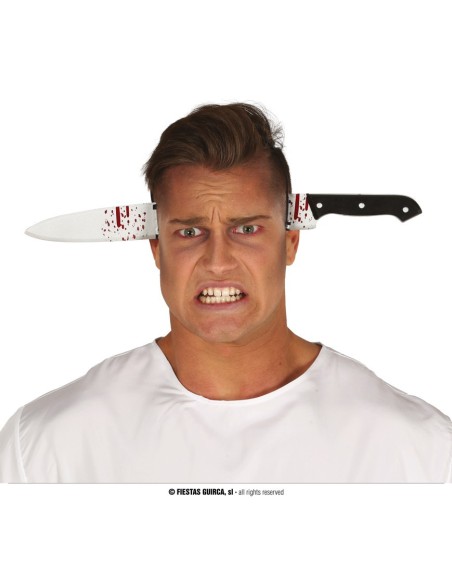 Cerchietto Halloween con coltello insanguinato che attraversa la testa per costume horror spaventoso