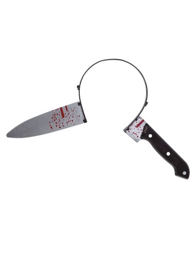 Cerchietto Halloween con coltello insanguinato che attraversa la testa per costume horror spaventoso