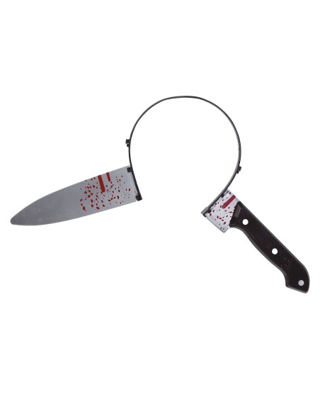 Cerchietto Halloween con coltello insanguinato che attraversa la testa per costume horror spaventoso