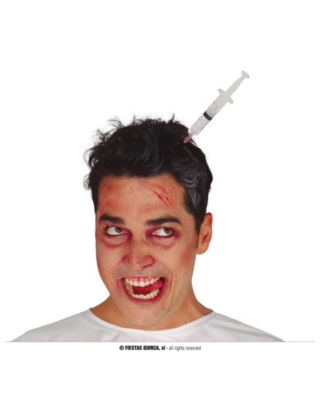 Cerchietto con siringa finta applicata per costume Halloween horror effetto paziente ospedale psichiatrico