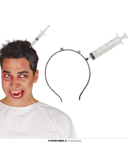Cerchietto con siringa finta applicata per costume Halloween horror effetto paziente ospedale psichiatrico