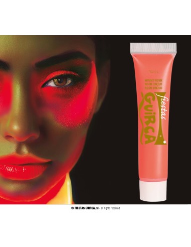 Trucco neon rosso fluorescente su viso femminile con effetti luce per make-up Carnevale Halloween