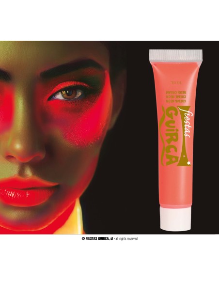 Trucco neon rosso fluorescente su viso femminile con effetti luce per make-up Carnevale Halloween