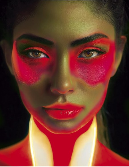 Trucco neon rosso fluorescente su viso femminile con effetti luce per make-up Carnevale Halloween