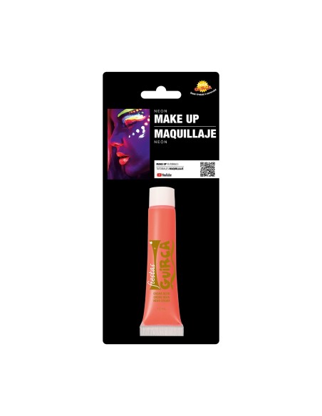 Trucco neon rosso fluorescente su viso femminile con effetti luce per make-up Carnevale Halloween