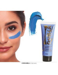 Trucco crema neon blu in tubetto da 20ml applicato su viso per makeup artistico Halloween Carnevale