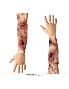 Set manicotti tessuto effetto zombie con macchie sangue e ferite simulate per costume Halloween horror