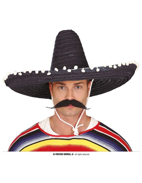 Cappello messicano nero in paglia con pompon bianchi e lacci, diametro 60 cm per costume mariachi
