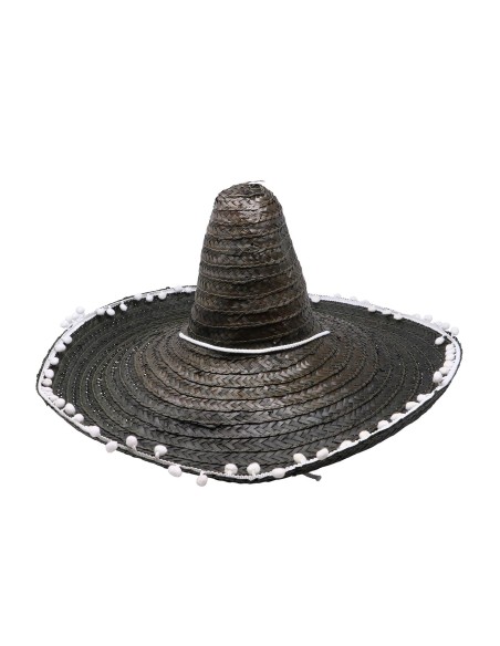 Cappello messicano nero in paglia con pompon bianchi e lacci, diametro 60 cm per costume mariachi