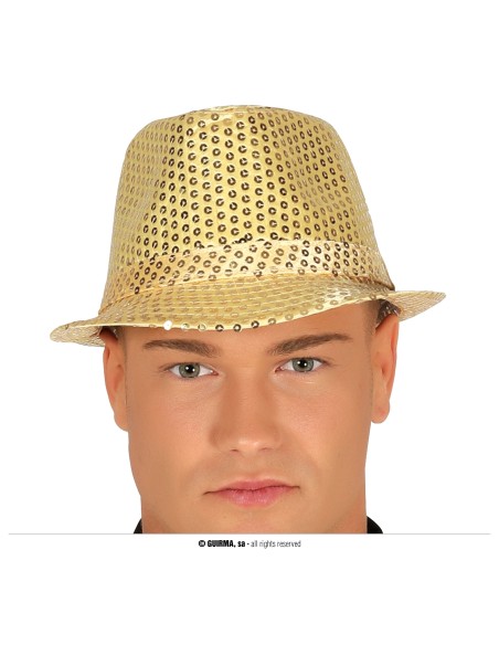 Cappello fedora gangster dorato con paillettes scintillanti per feste a tema anni 20