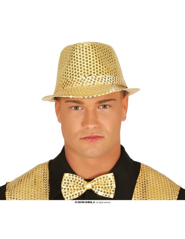 Cappello fedora gangster dorato con paillettes scintillanti per feste a tema anni 20