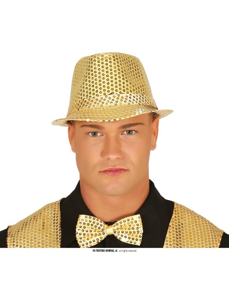 Cappello fedora gangster dorato con paillettes scintillanti per feste a tema anni 20