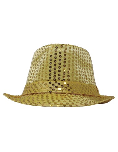 Cappello fedora gangster dorato con paillettes scintillanti per feste a tema anni 20