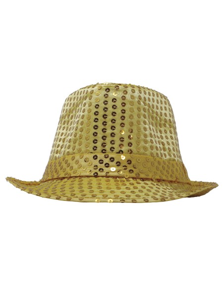Cappello fedora gangster dorato con paillettes scintillanti per feste a tema anni 20