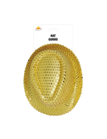 Cappello fedora gangster dorato con paillettes scintillanti per feste a tema anni 20