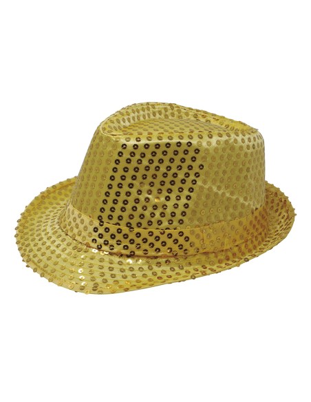 Cappello fedora gangster dorato con paillettes scintillanti per feste a tema anni 20