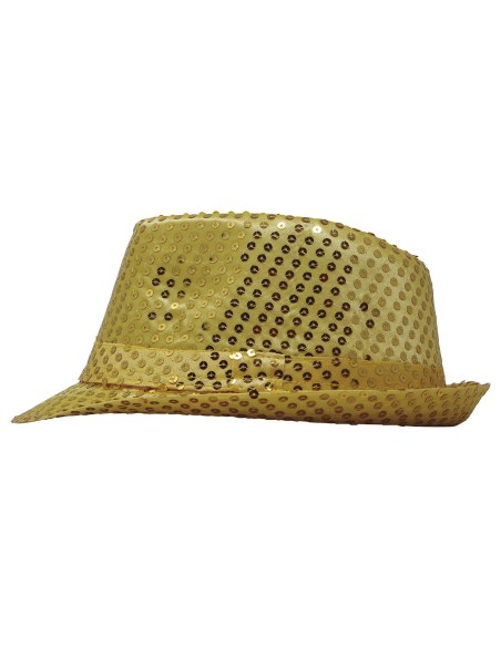 Cappello fedora gangster dorato con paillettes scintillanti per feste a tema anni 20