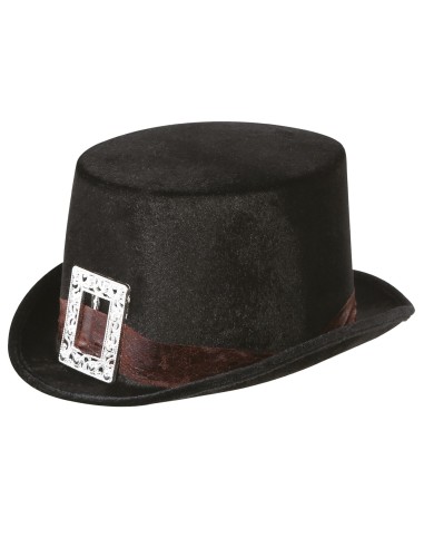 Donna con cilindro nero in feltro con fascia bordeaux e fibia argentata per costume vittoriano