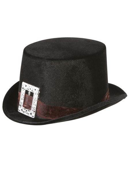 Donna con cilindro nero in feltro con fascia bordeaux e fibia argentata per costume vittoriano