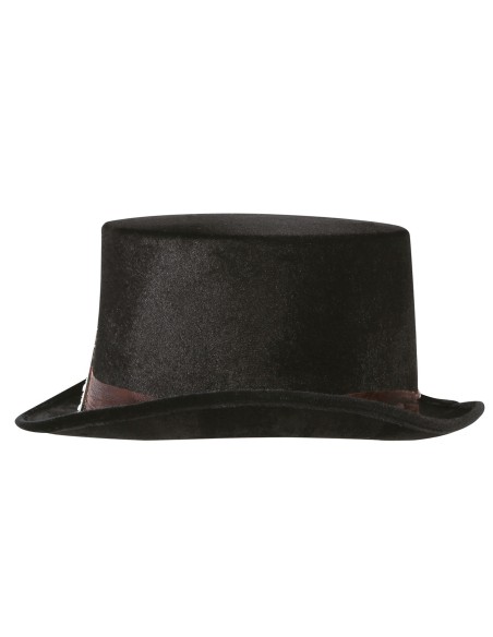 Donna con cilindro nero in feltro con fascia bordeaux e fibia argentata per costume vittoriano