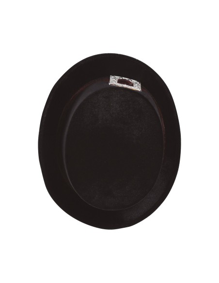 Donna con cilindro nero in feltro con fascia bordeaux e fibia argentata per costume vittoriano
