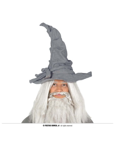Cappello da mago grigio in tela con punta ricurva per costume Halloween e feste a tema fantasy