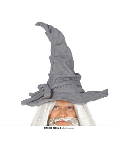 Cappello da mago grigio in tela con punta ricurva per costume Halloween e feste a tema fantasy