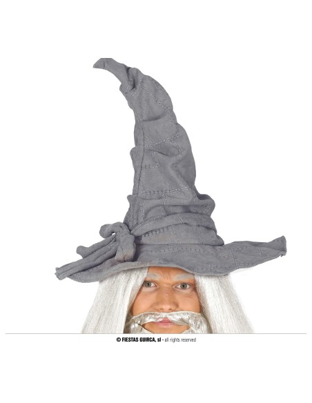 Cappello da mago grigio in tela con punta ricurva per costume Halloween e feste a tema fantasy