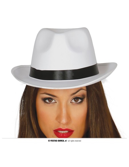 Cappello gangster bianco in raso con fascia nera indossato da donna per costume anni 20
